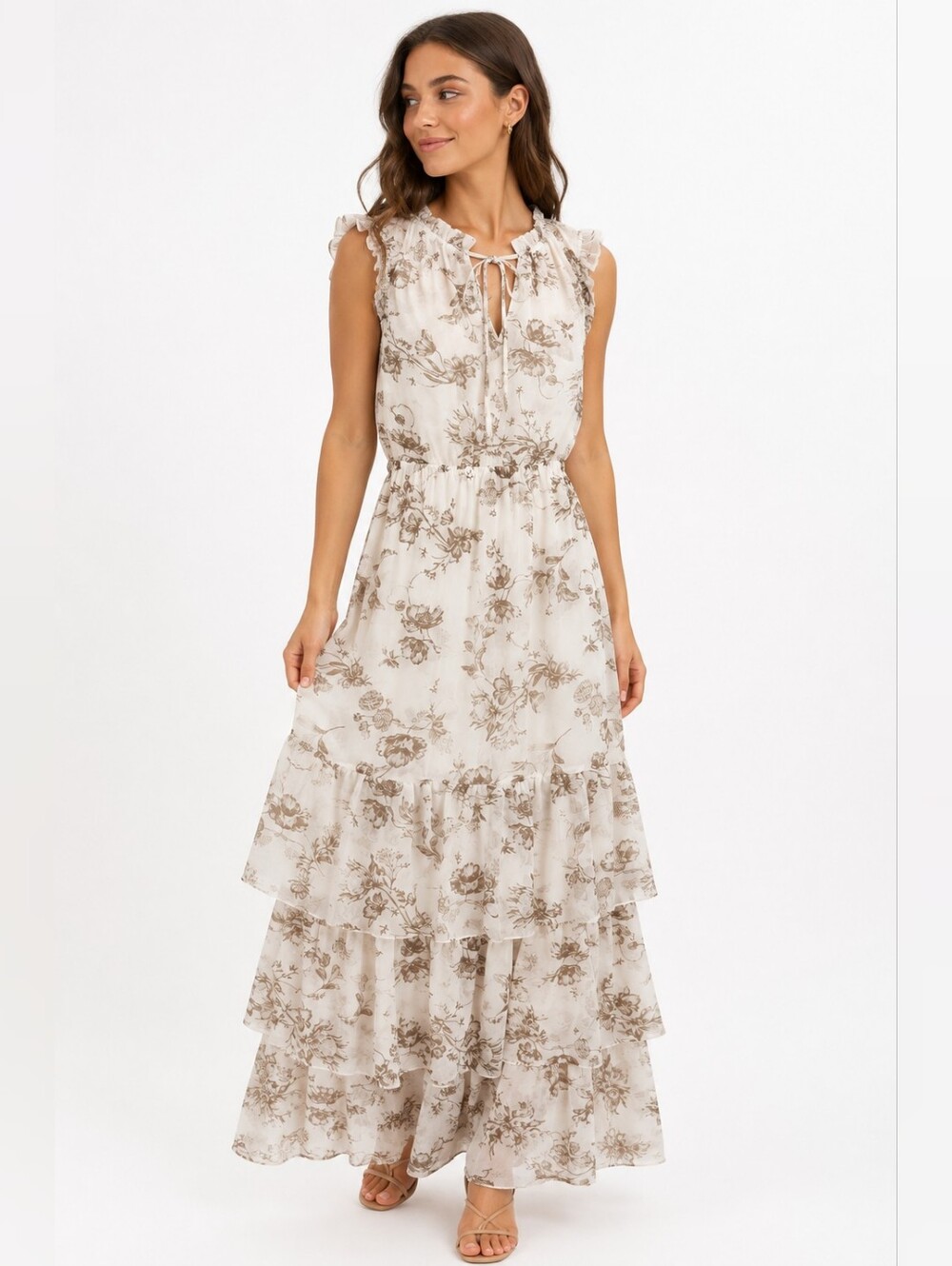 1.STATE Floral Tiered Maxi Dress Small Ivory Taupe Ruffle Tie Neck Lined (CC)